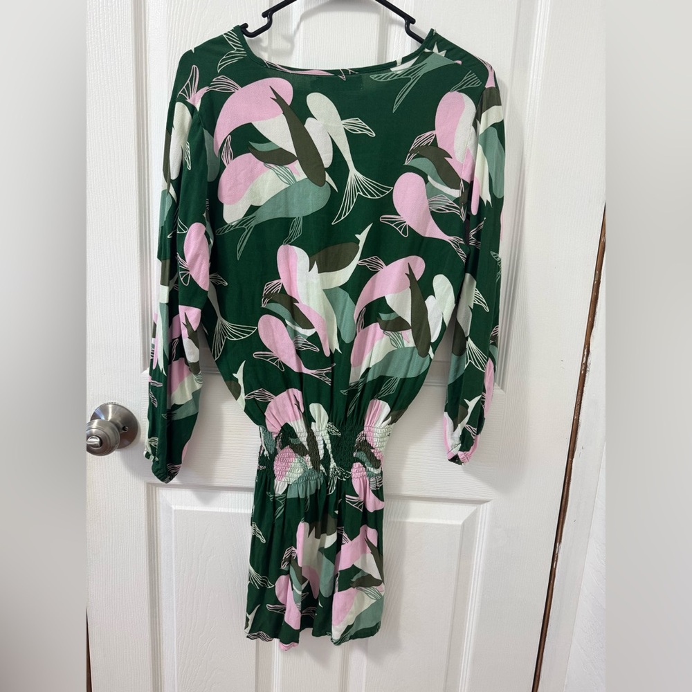 Ava Sky Forest Green Floral Print Dress with Pink & White Accents